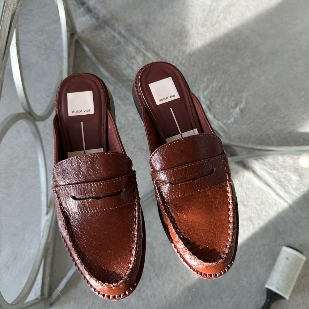 Dolce Vita Rich Warm Brown Leather Slip-On mule Loafers